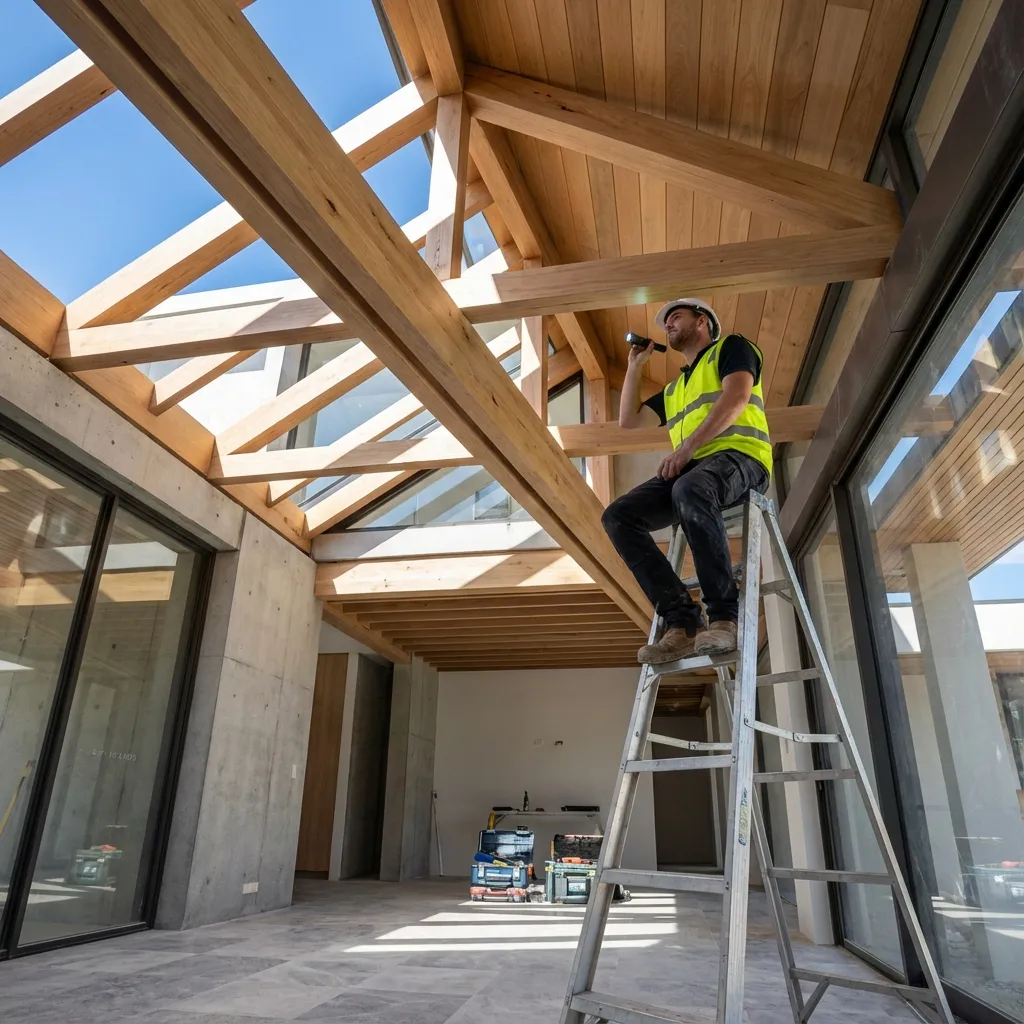 Building inspector assessing timber framing