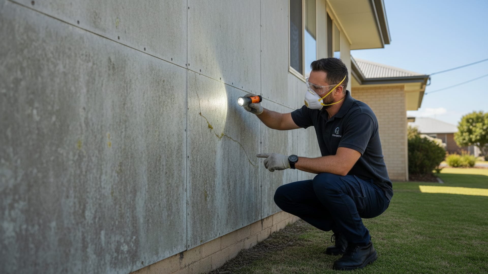 Building inspector identifying asbestos fibro sheeting on exterior wall of older Perth home
