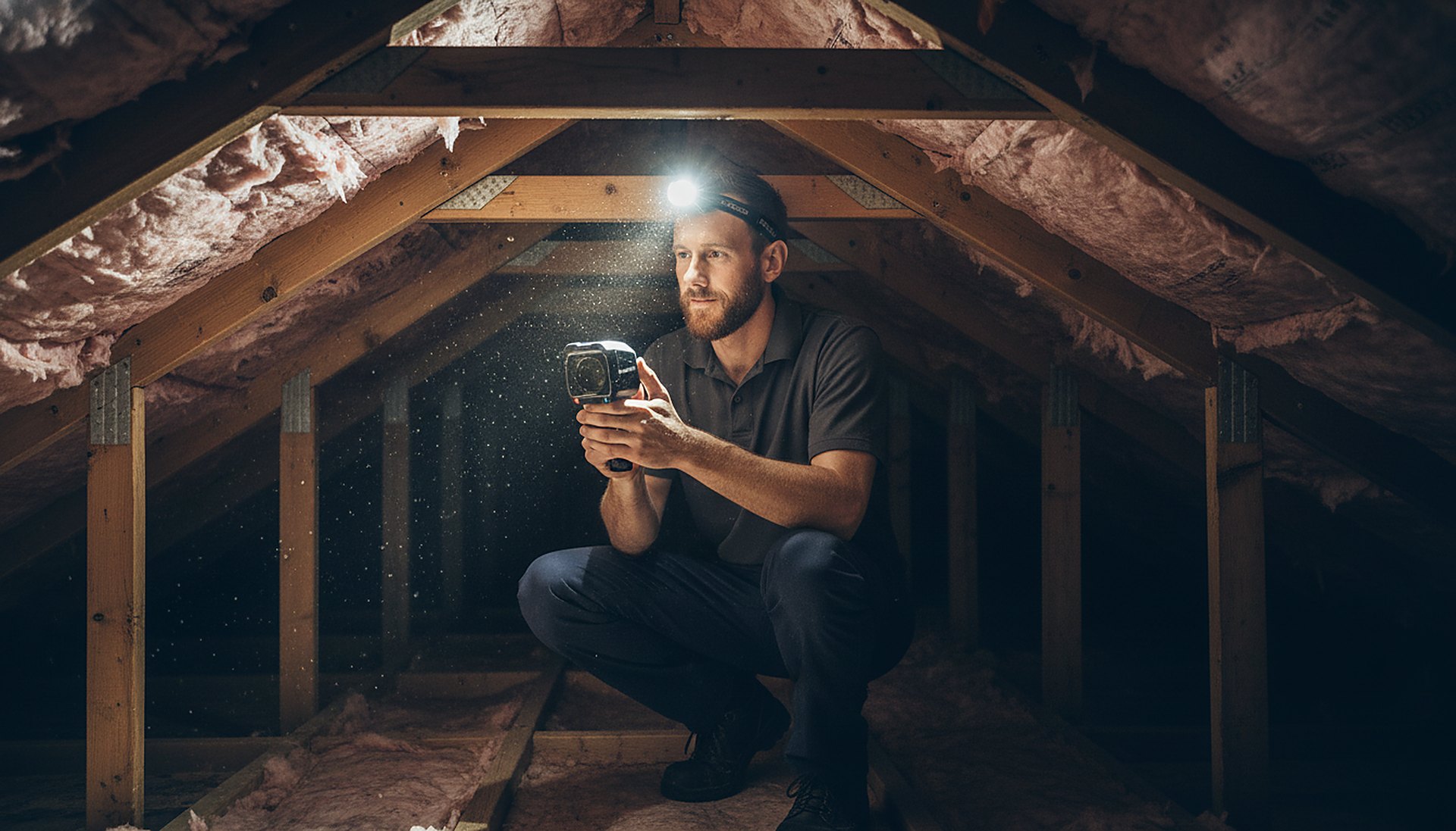 Building inspector examining roof void timber framing with headlamp in Perth home