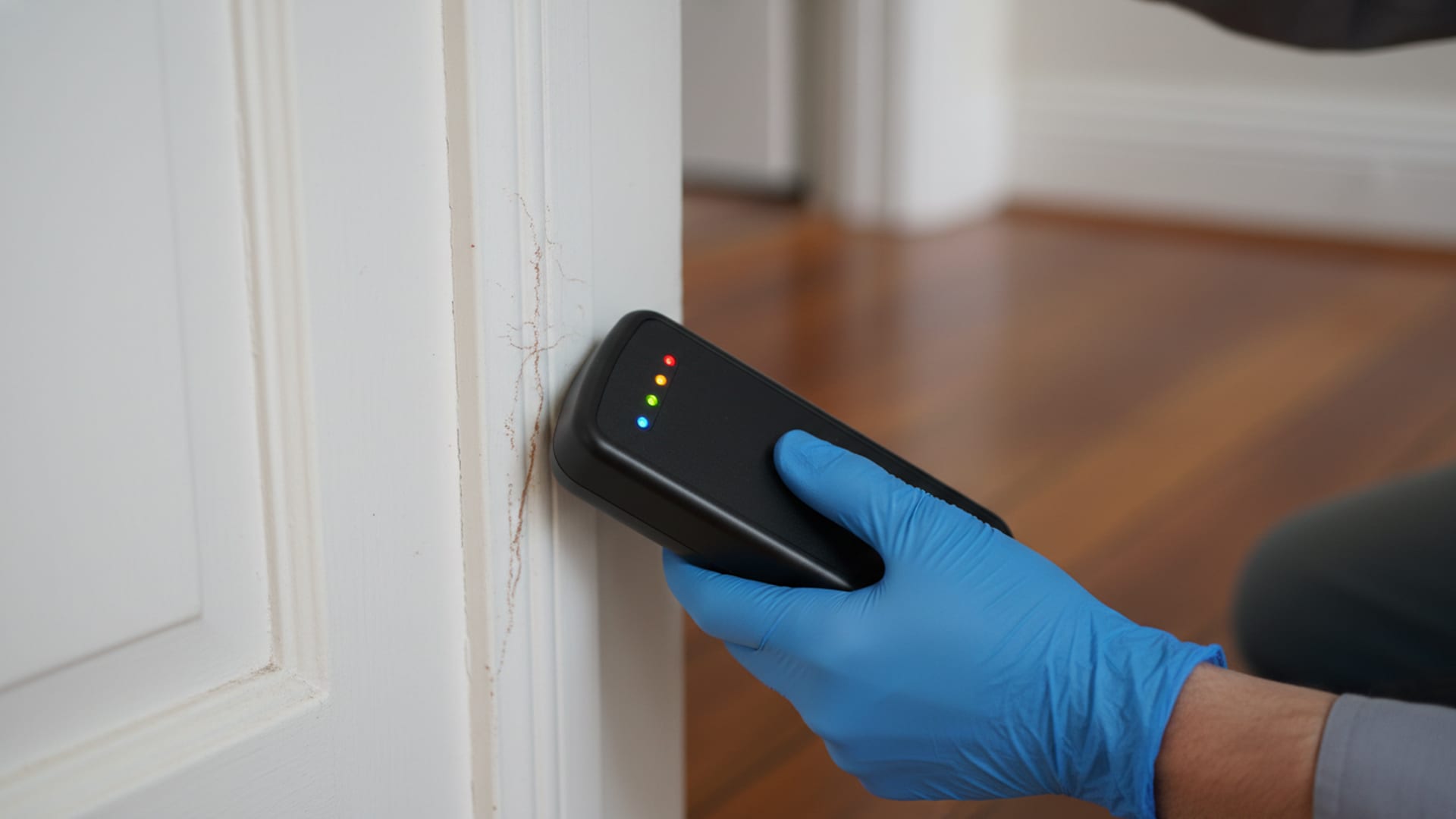 Pest inspector using Termatrac timber pest detection device on door frame in Perth home