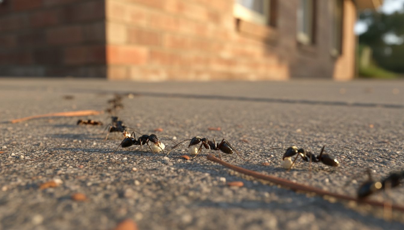 Trail of black ants along concrete path next to Perth home foundation