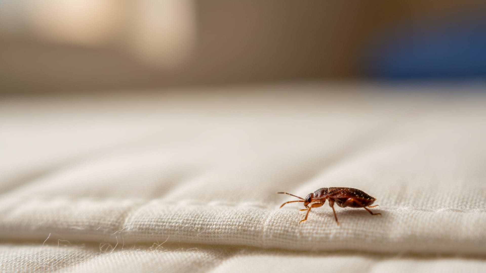 Close-up of bed bug on mattress seam — professional bed bug treatment Perth