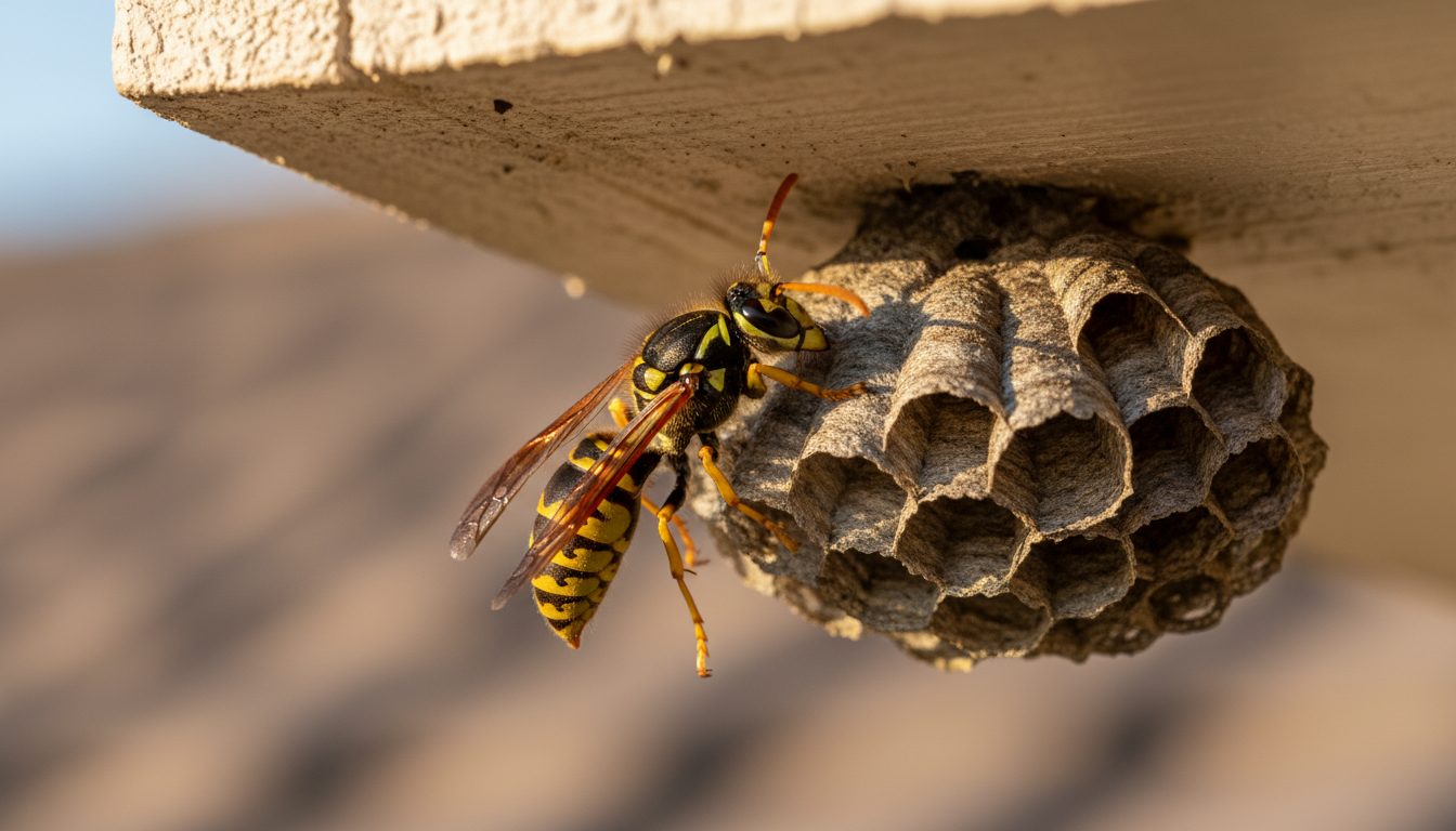 European wasp on paper nest under Perth house eave — professional removal