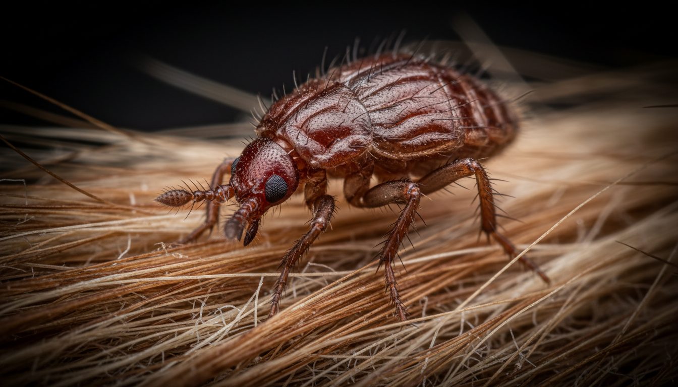 Macro close-up of flea on carpet fibres — professional flea control Perth