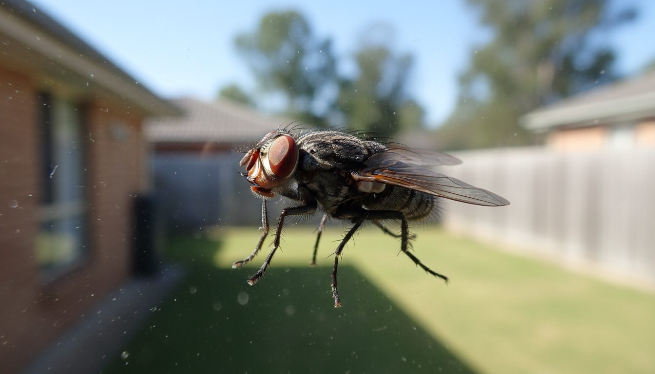 House fly on window glass with Perth backyard — professional fly control