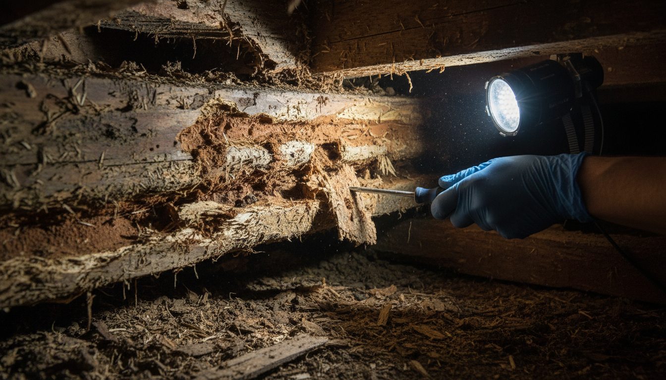 Pest inspector examining termite damage in Perth home subfloor with torch