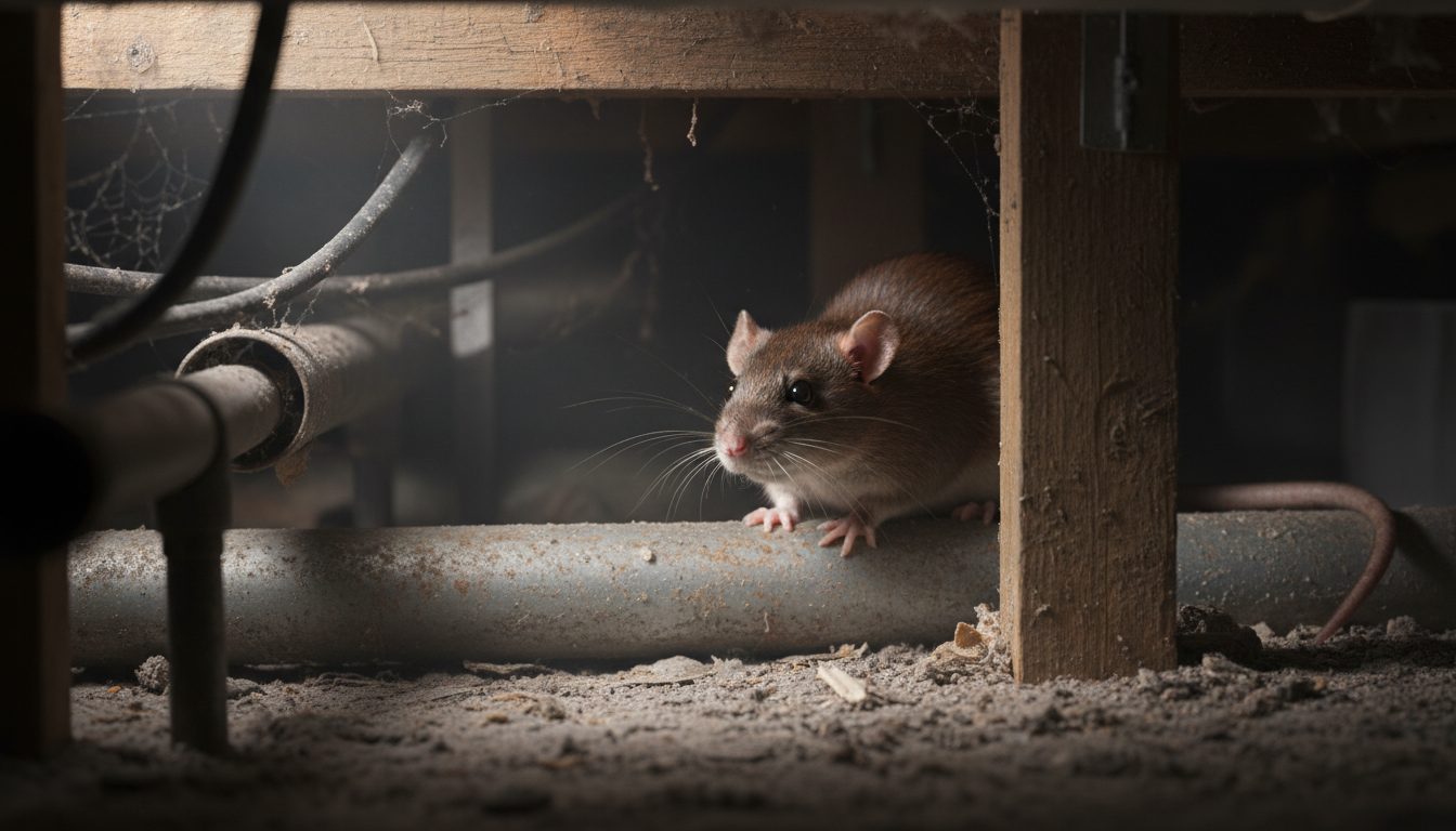 Rat hiding behind pipes in Perth home subfloor — professional rodent control