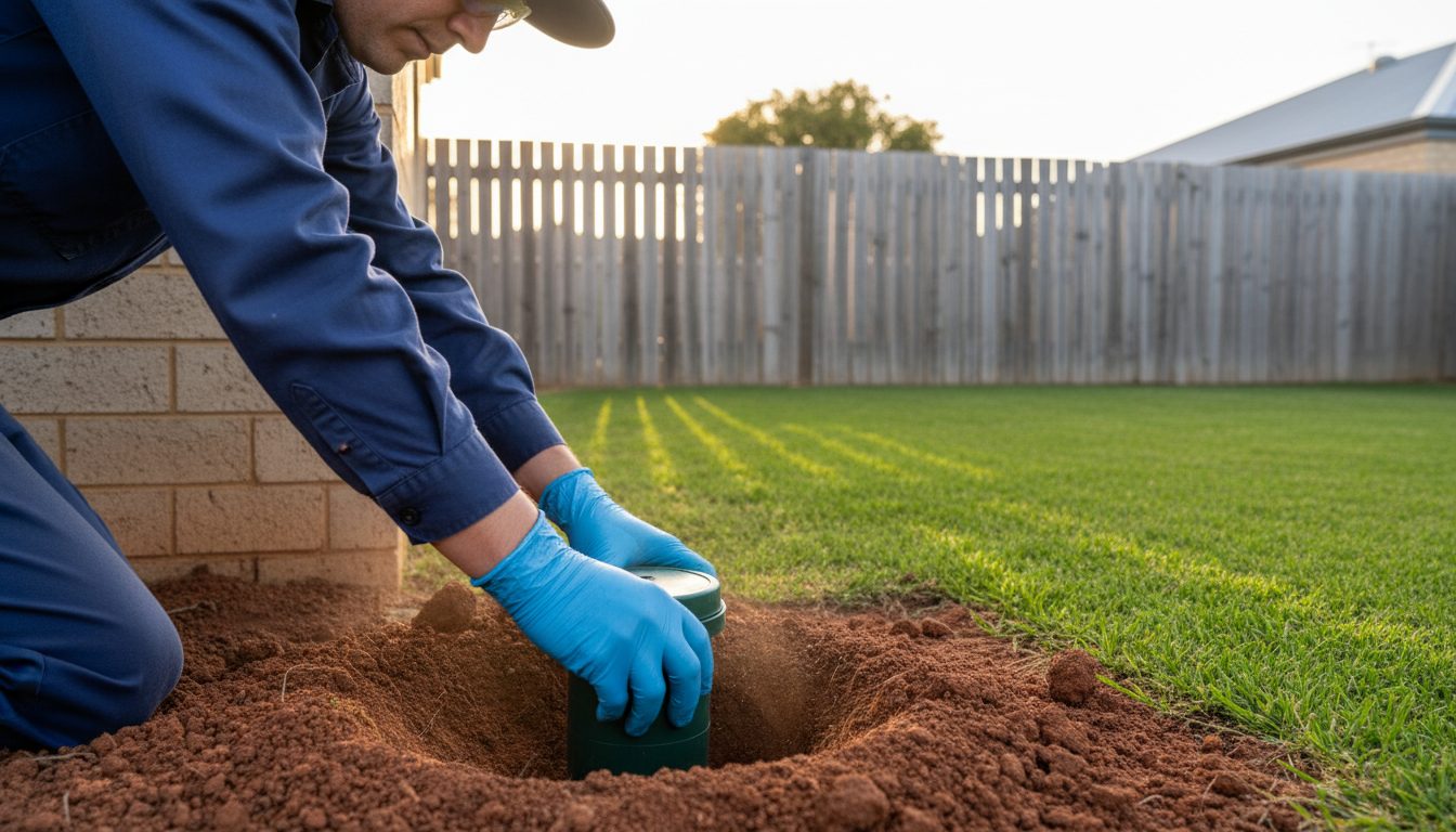 Pest control professional installing termite bait station next to Perth home foundation