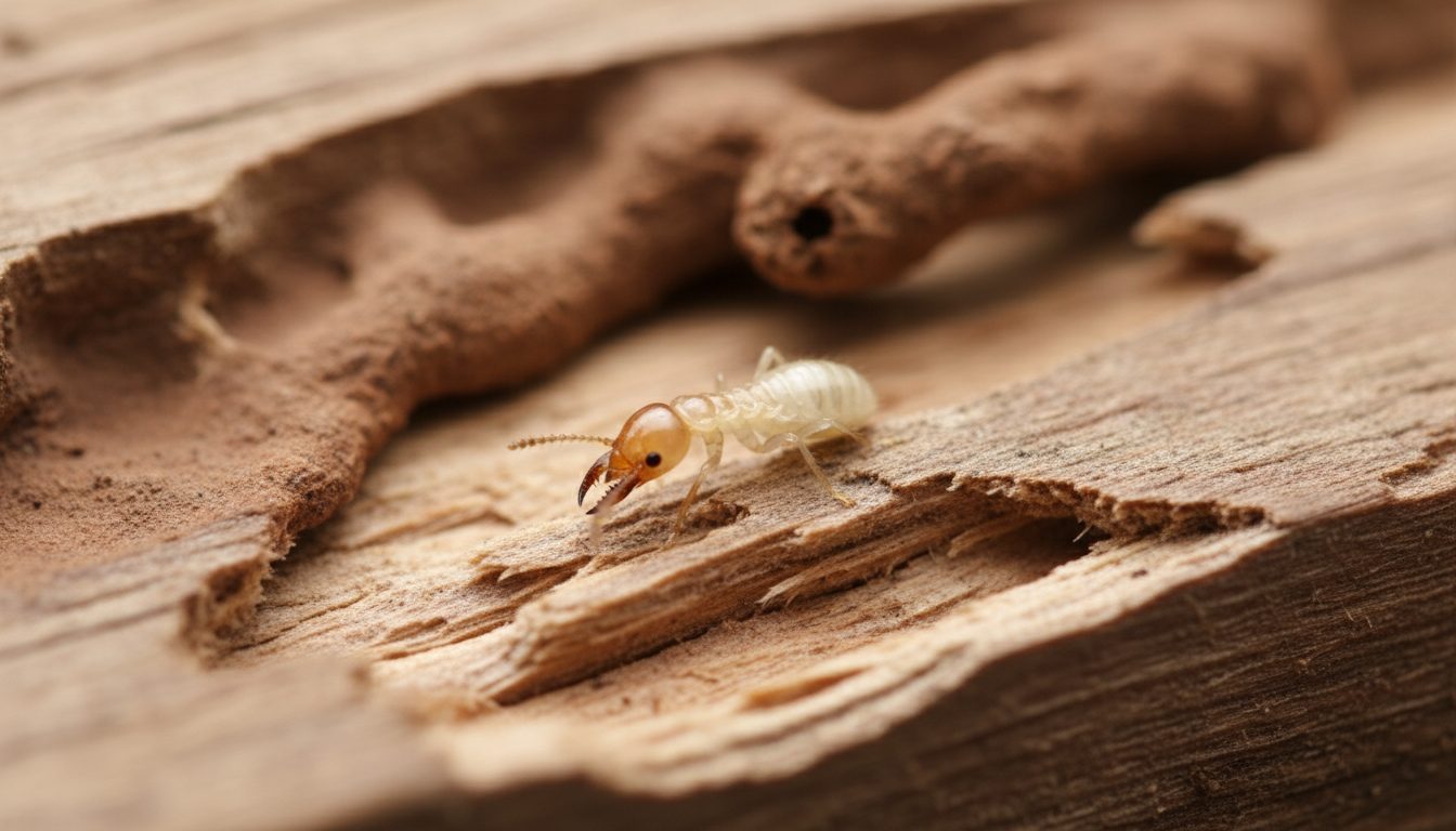 Close-up of live termite worker on damaged timber showing tunneling and mud tubes
