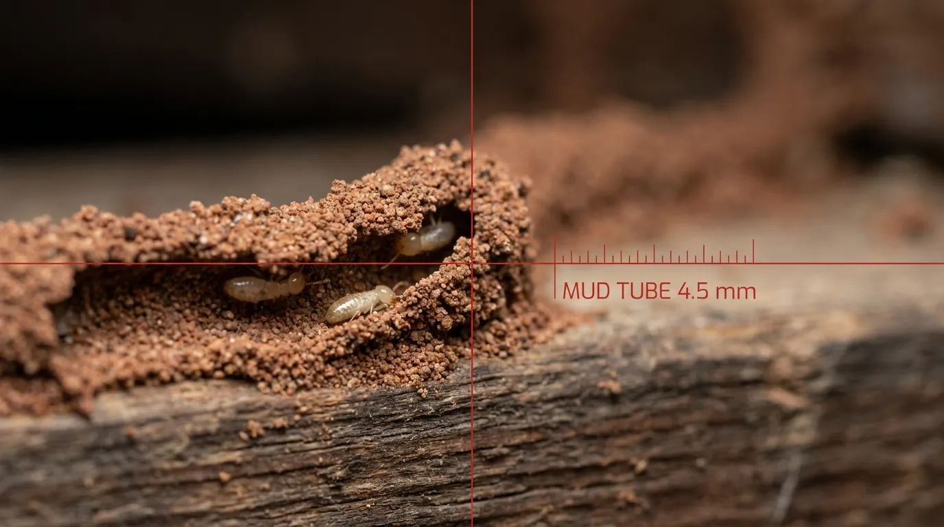 Close view of termite activity within a timber mud tube