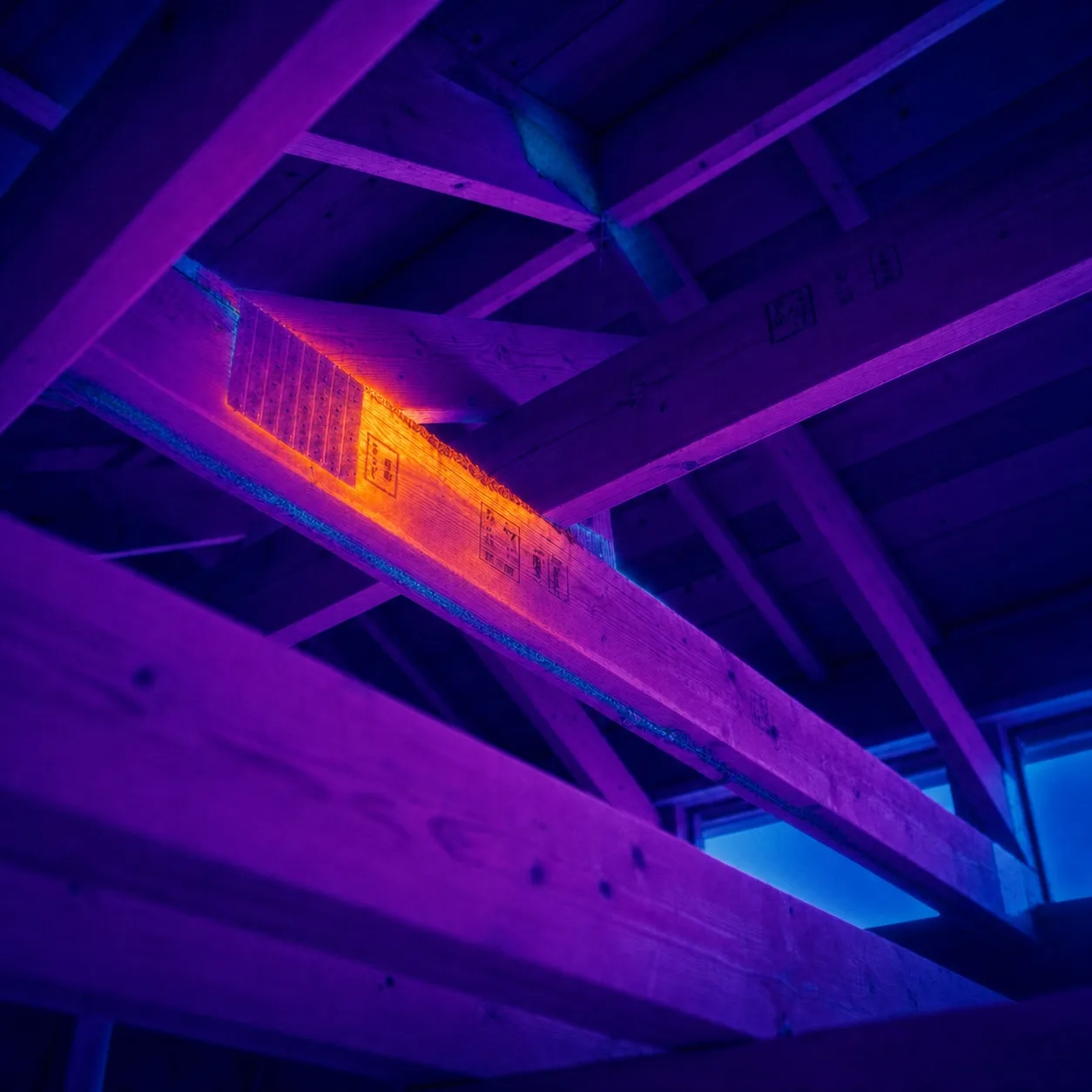 Infrared view of the same roof framing showing an anomaly at the affected timber joint