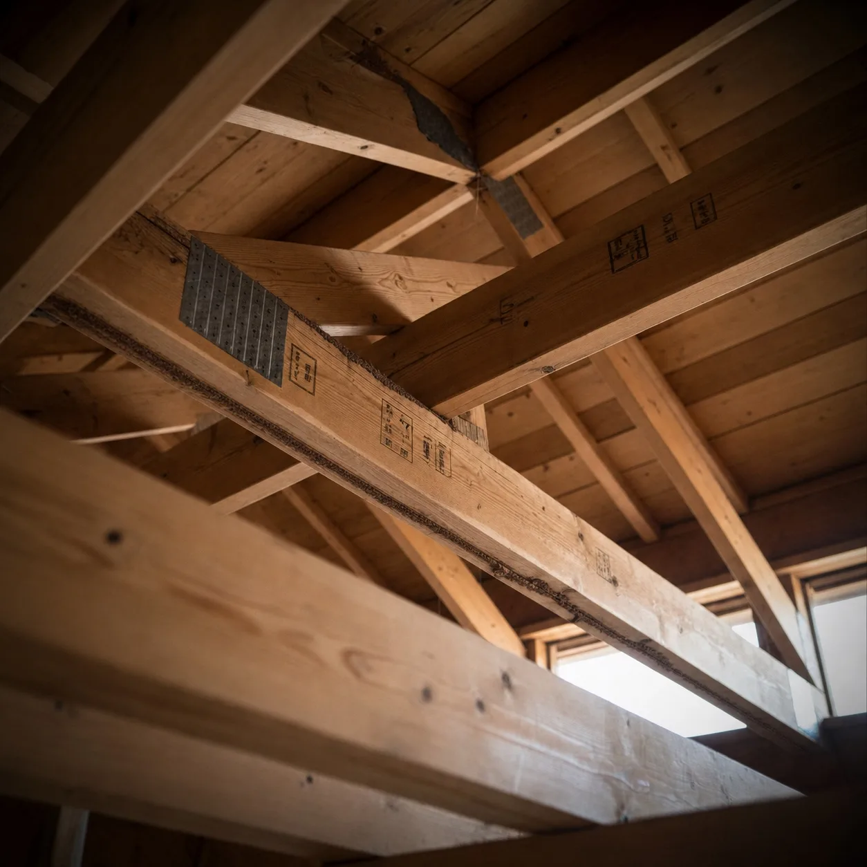 Normal camera view showing narrow termite shelter leads along existing roof timbers